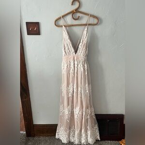 Nude Lace Maxi Dress V Neck Formal Elegant Feminine Boho Bridal Romantic Large
